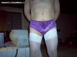 Nice purple print panty and white lace top stockings