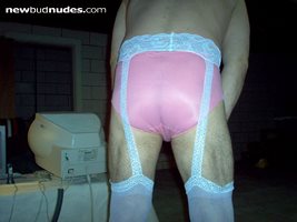Backside of Coral panty with suspender stockings