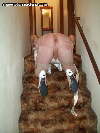 Patti white nightie hose and heels bent over