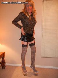 Sexy Tranny gurl Modeling Leopard Lingerie in Clear Pump High Heels