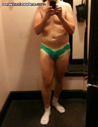 Trying on panties in the Victoria's Secret dressing room.