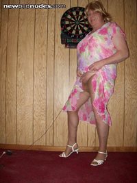 Pink chiffon dress suntan pantyhose showing off my little smoothie