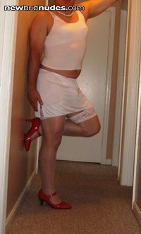 Virgin white lingerie with slut red heels.