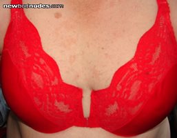 My very own breasts, in my new red bra.