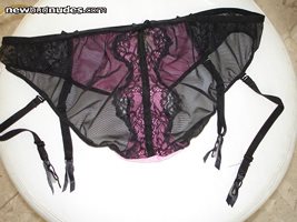 new VS pink satin and sheer black lace garter panties (back view)