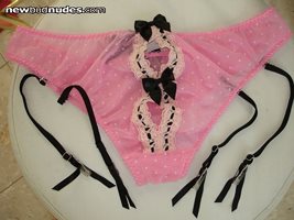 new sheer pink VS garter panties with black lace open back (back view)