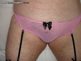 new sheer pink VS garter panties with black lace open back