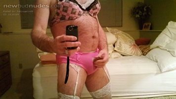 White satin outfit with pink panties