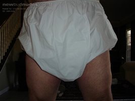 In my sissy baby diaper and extra-roomy plastic panties.