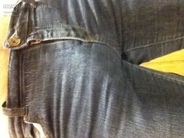 Wearing my Gf's tight jeans with no undies. My cock was so hard!!!!