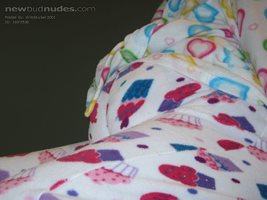 My huge cloth diaper bulge while  wearing my cute strawberry cupcake PJ's.