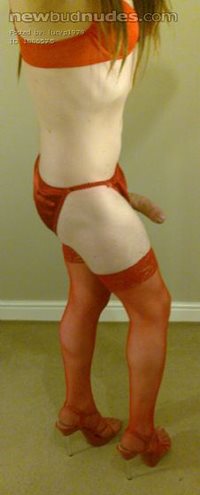 Lucy in red bra, knickers, fishnets and heels!!!