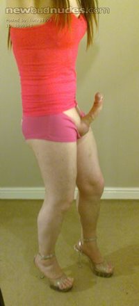 Lucy in pink vest, shorts and clear heels!!!