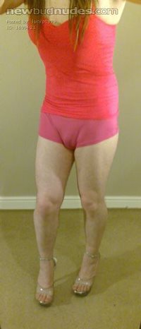 Lucy in pink vest, shorts and clear heels!!!