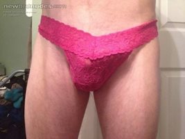 Wearing my girlfriend's Pink Victoria's Secret thong