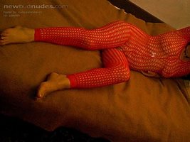 her in red bodystockings