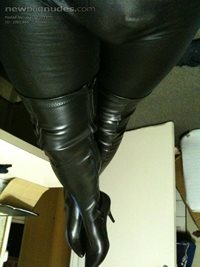 Wet look leggins and thigh high boots, I love feeling like a slut.