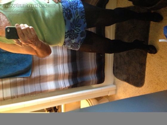 Heels, pantyhose and skirt.