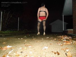 Outside in drive in sexy panty bra thigh highs and heels