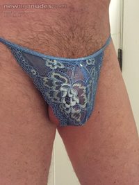 Blue lace  panties of the wife's, I love to. Share her panties and my cock ...