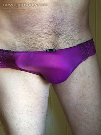 i love these purple satin panties.  They feel so good and show a nice bulge...