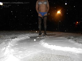 Hot blue panty with grey bra thigh highs and heels.Outside in snow