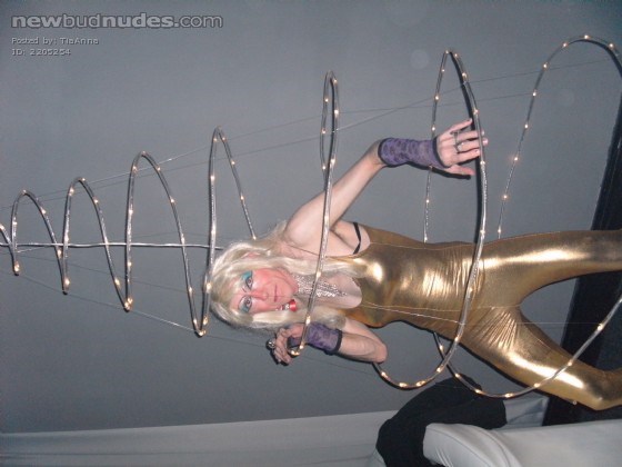 Wearing my tight stretchy shiny gold catsuit for Christmas!