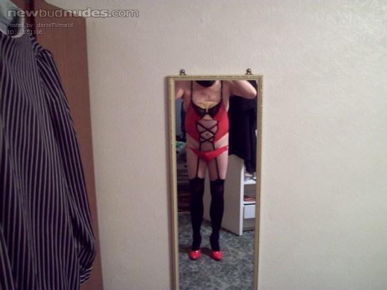 Red basque, red knickers and red heels