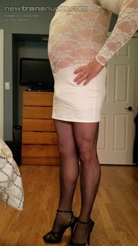 New white lace dress! Feeling slutty in my black stockings!