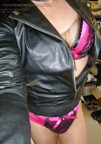 Pink bra & pants, leather jacket. Feel SO sexy