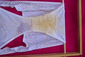 Spunked knickers on the Knickers Maiden. Stained from multiple spunkings wi...