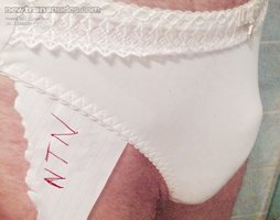 my cock inside a newly aquired soft white sz12 thong from a friends gf's di...